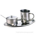 Sugar and creamer set, made of stainless steel, includes milk jug and sugar bowl with spoon